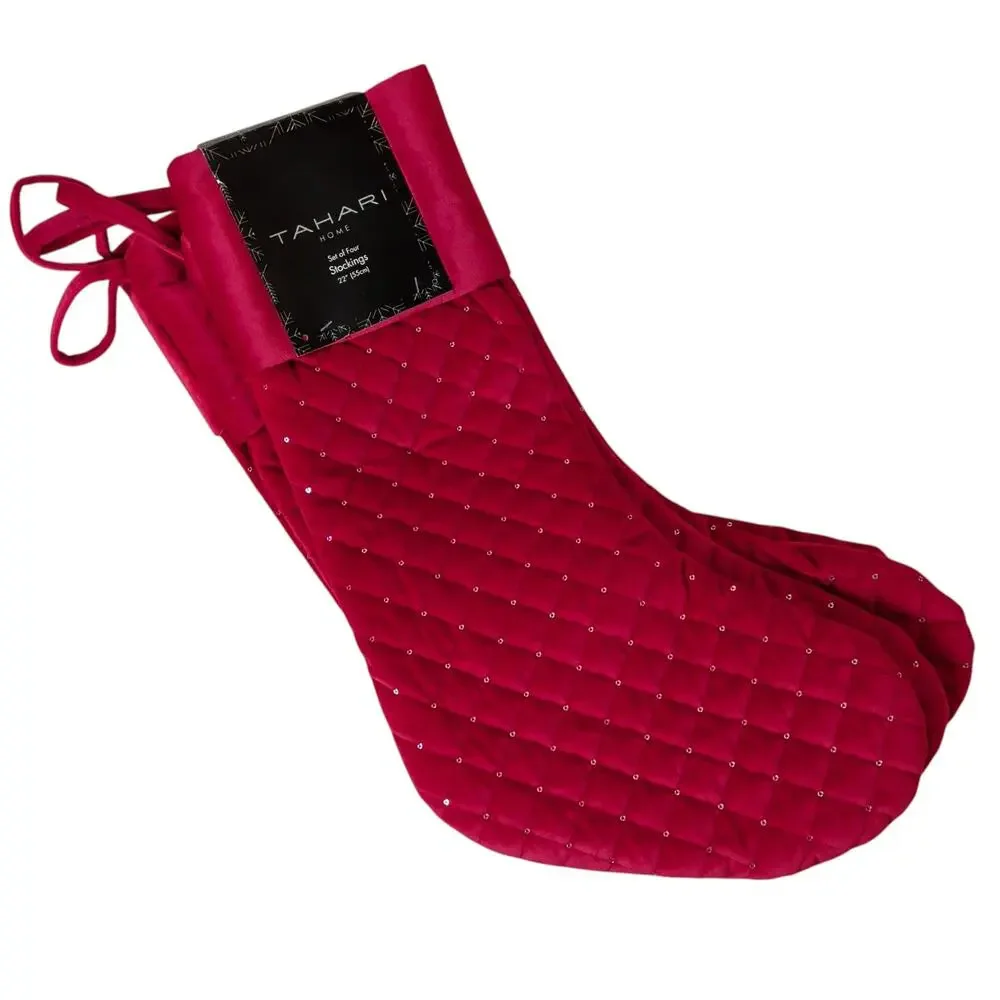 NWT Tahari Set of 4 22in Red Velvet Quilted Christmas Stockings Sequins